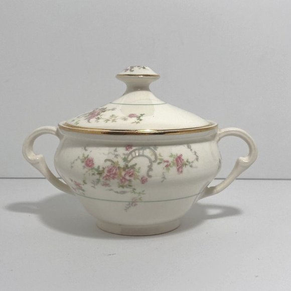 1940s Pope-Gosser Jean Pattern Rose Garland Gold Trim Lidded 10 oz Sugar Bowl - Picture 1 of 12